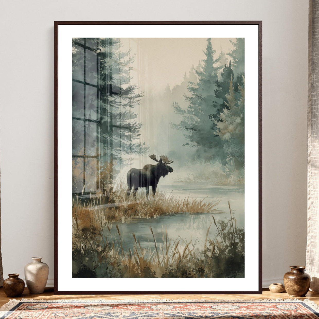 78345154-MGV-CV-24X36 - Watercolor Abstract Moose Forest Wall Art Canvas Print – Wildlife Nature Artwork Print for Living Room, Cabin, and Office Decor