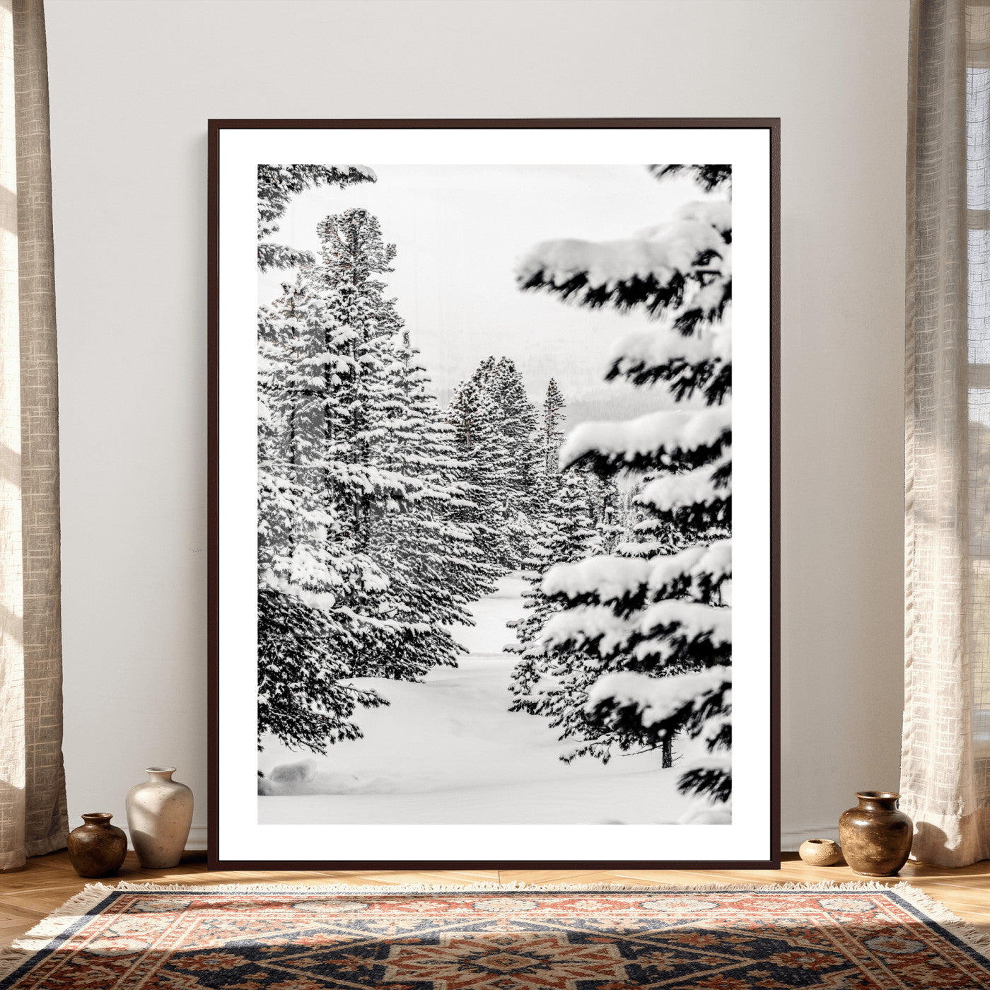 42534505-MGV-CV-24X36 - Snowy Pine Forest Wall Art Canvas Print, Minimal Winter Woodland Landscape, Black and White Nature Artwork