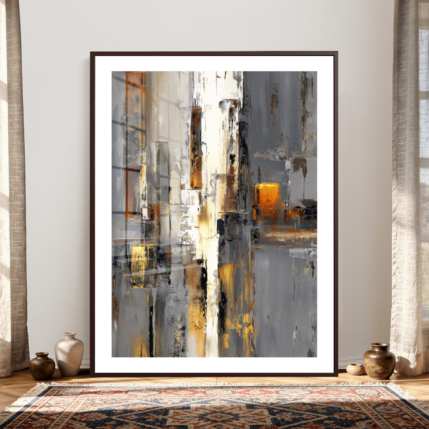 35992080-MGV-CV-24X36 - Abstract Urban Reflection Wall Art Canvas Print, Gold Black Modern Architecture Canvas Print, Contemporary Moody City Artwork for Living Room Decor