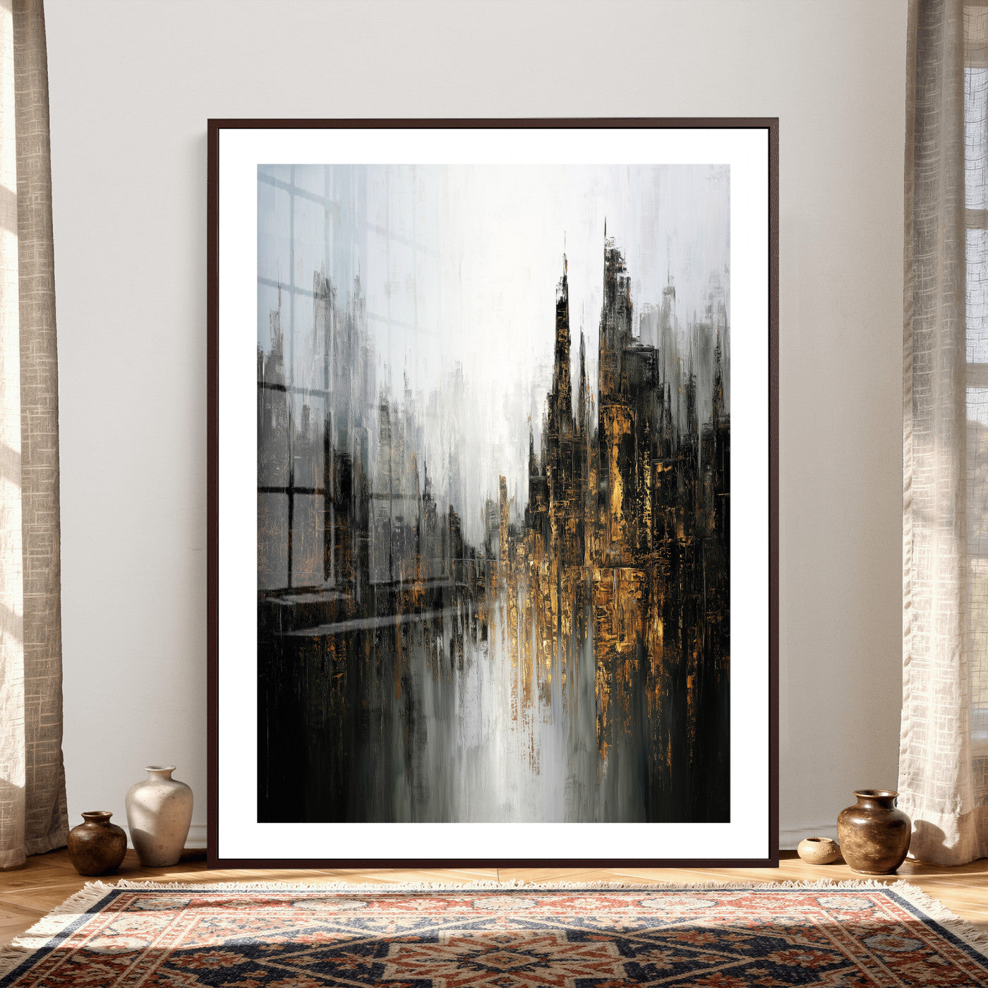 39629486-MGV-CV-24X36 - Abstract Urban Reflection Wall Art Canvas Print, Gold Black Modern Architecture Canvas Print, Contemporary Moody City Artwork for Living Room Decor