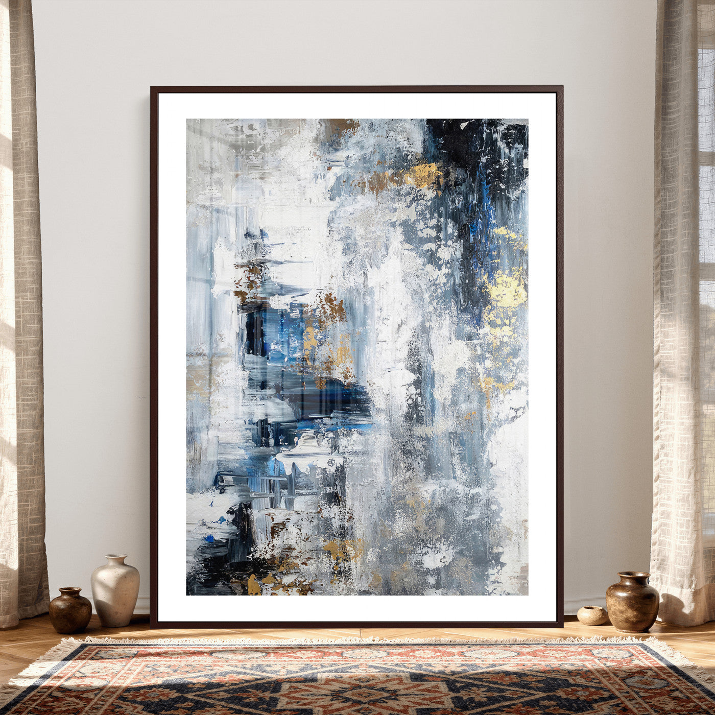 3962948988-MGV-CV-24X36 - Blue Abstract Wall Art Canvas Print, Gold Black Modern Architecture Canvas Print, Contemporary Moody City Artwork for Living Room Decor
