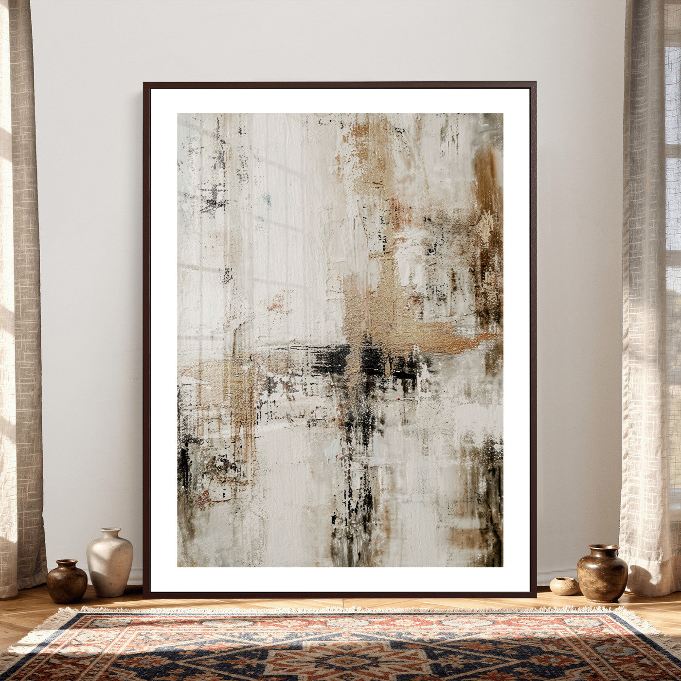 381262454-MGV-CV-24X36 - Neutral Abstract Wall Art Canvas Print, Beige Black Textured Modern Canvas Print, Minimalist Contemporary Artwork for Living Room Decor
