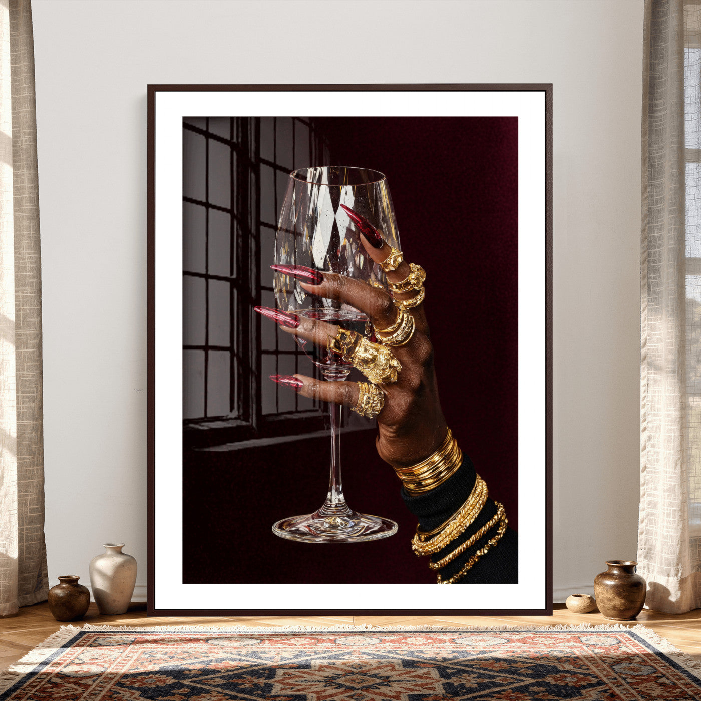 8151788Y6-MGV-CV-24X36 - Black Woman Holding Elegant Wine Glass Art, Black Girl Art, Black Woman Art, Trendy Black Girl Wall Art