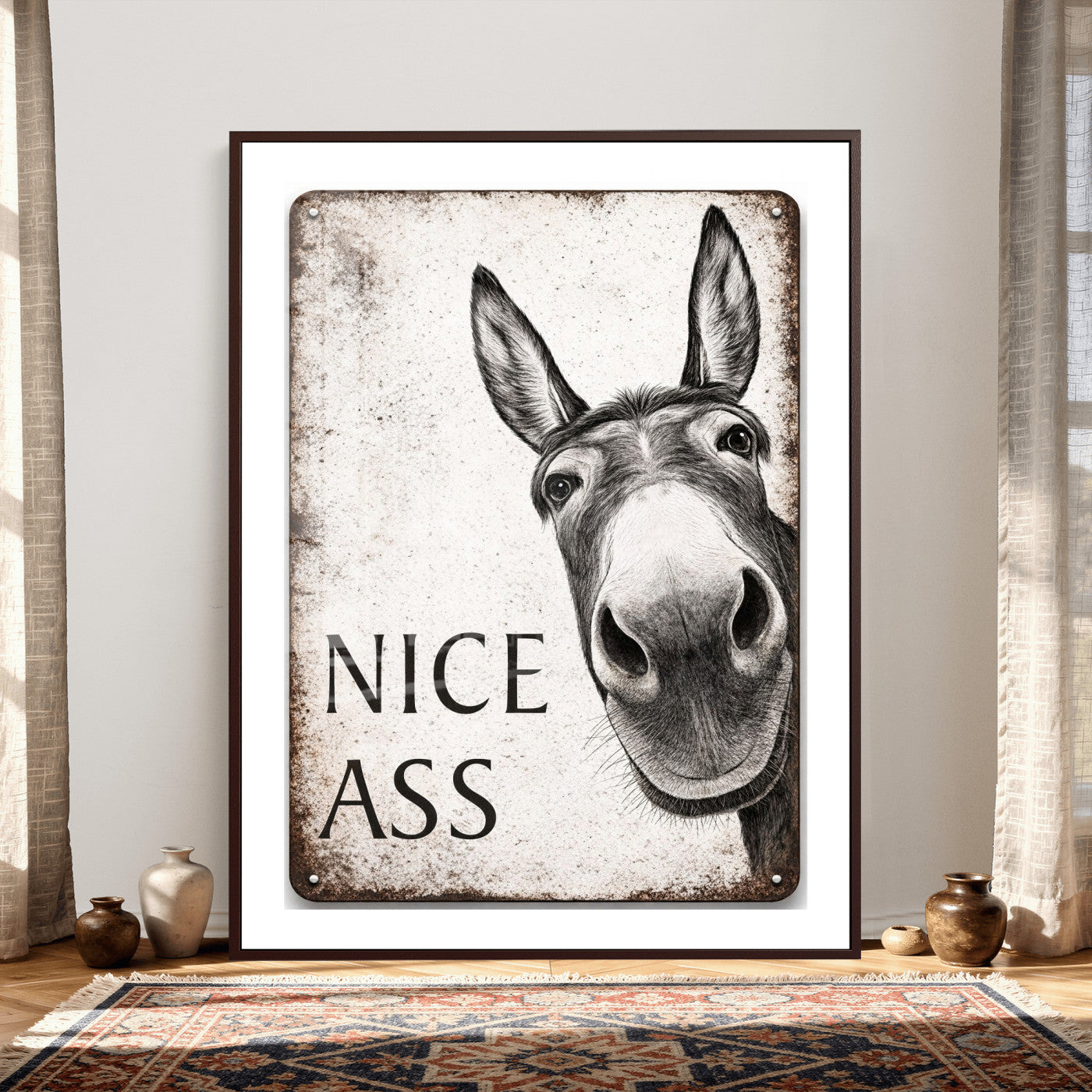 8151788R6-MGV-CV-24X36 - Funny Donkey Bathroom Wall Art Canvas Print, Nice Ass Farm Animal Sign, Rustic Farmhouse Humor Decor, Toilet Wall Art