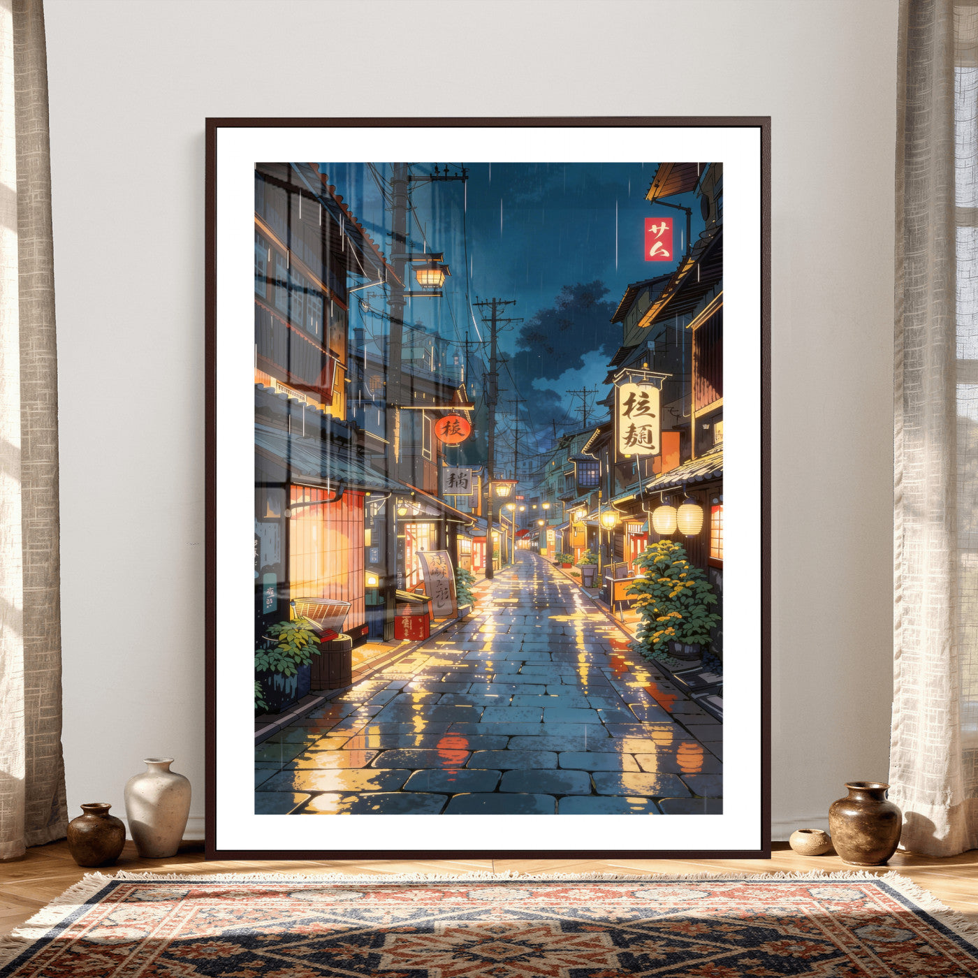 4712069J1-MGV-CV-24X36 - Tokyo Tea House Canvas Wall Art — Japan Rainy Night Street Print | Anime Style Decor | Japanese Tea House Art | Tokyo City Gift