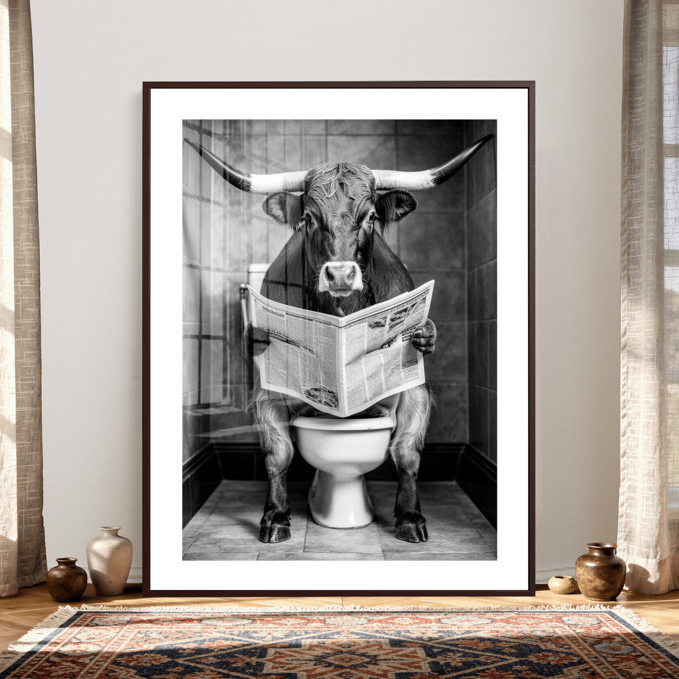 77994492-MGV-CV-24X36 - Texas Longhorn Cow Toilet Paper Canvas Wall Art, Funny Bathroom Black White Print, Cute Animal Humor Decor, Quirky Farmhouse Bathroom Art, Cow Lover Gift