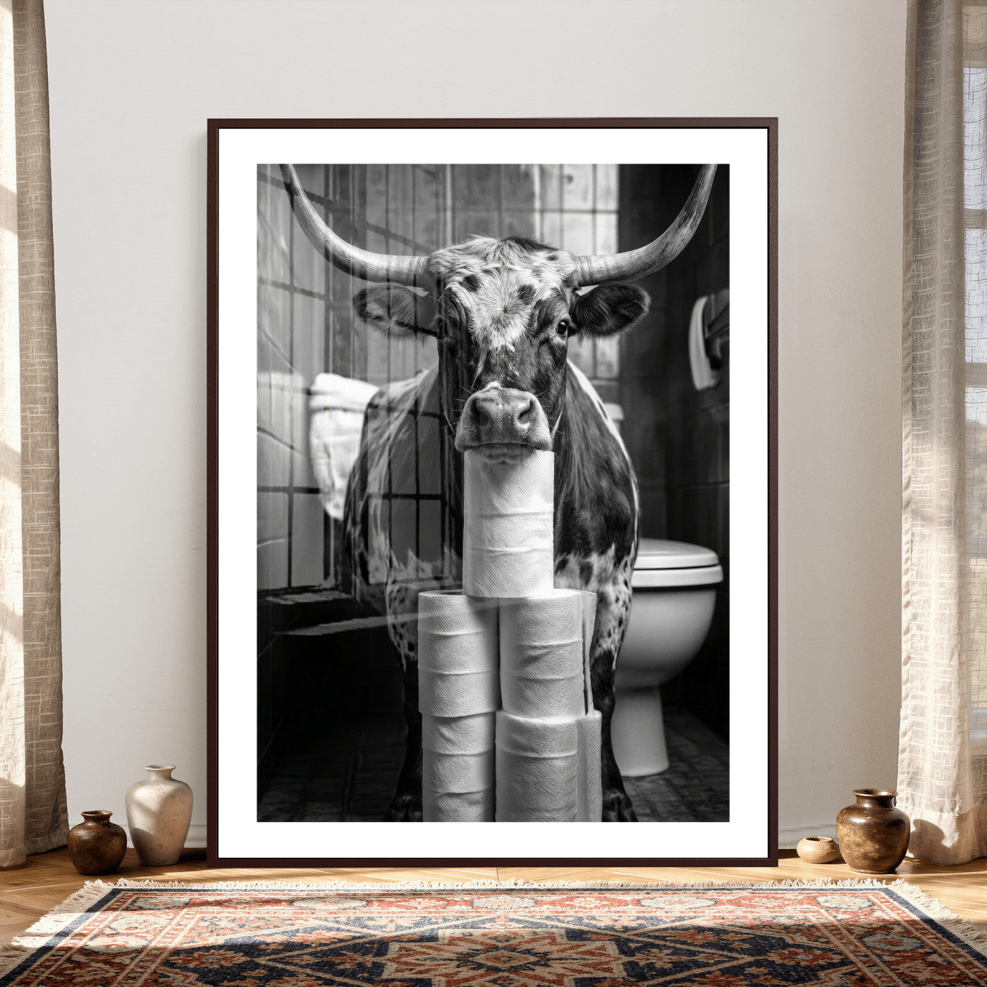 79259956-MGV-CV-24X36 - Texas Longhorn Cow Toilet Paper Canvas Wall Art, Funny Bathroom Black White Print, Cute Animal Humor Decor, Quirky Farmhouse Bathroom Art, Cow Lover Gift