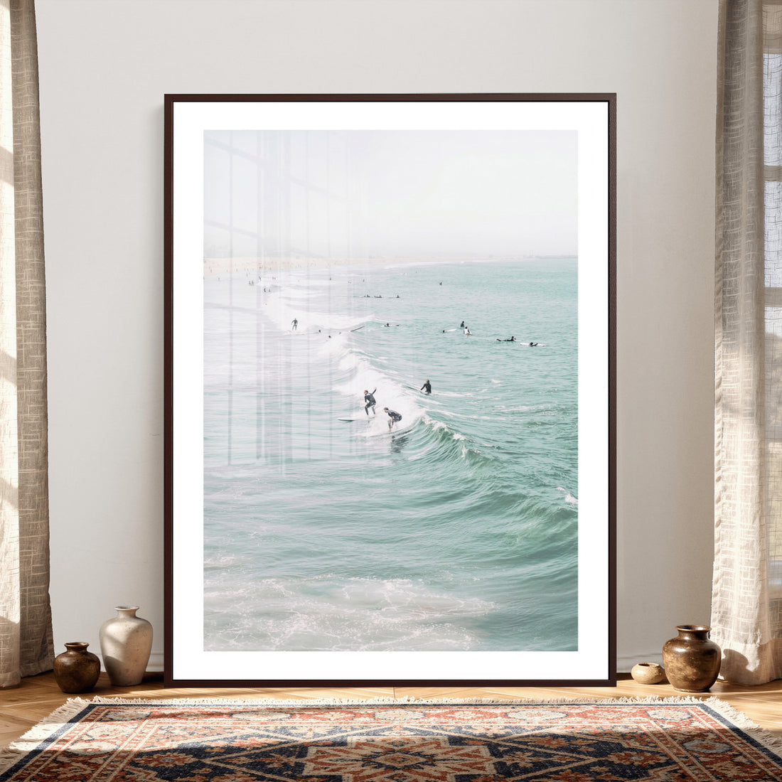 Surfers on Waves Canvas Wall Art, Aerial Ocean Photography