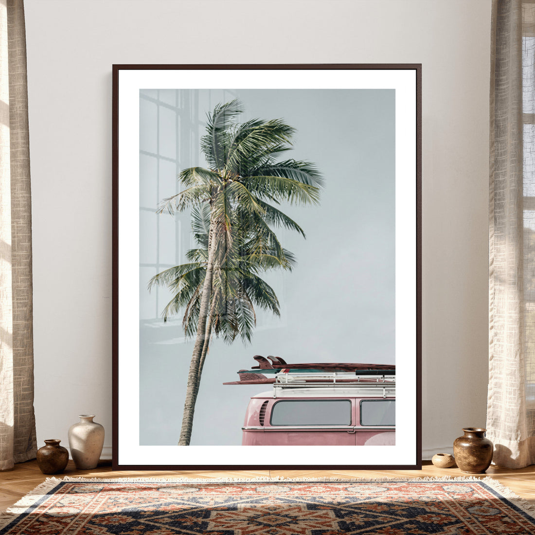 VW Van Palm Tree Canvas Wall Art, Pink Camper Surfboards