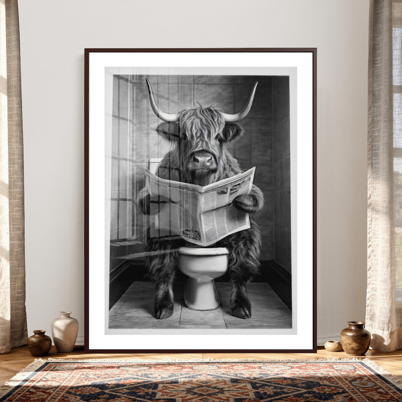 56930218-MGV-CV-24X36 - Funny Bathroom Canvas Wall Art, Texas Longhorn on Toilet Reading Newspaper, Humor Animal Print, Farmhouse Bathroom Decor, Quirky Cow Gift, Toilet Room Art