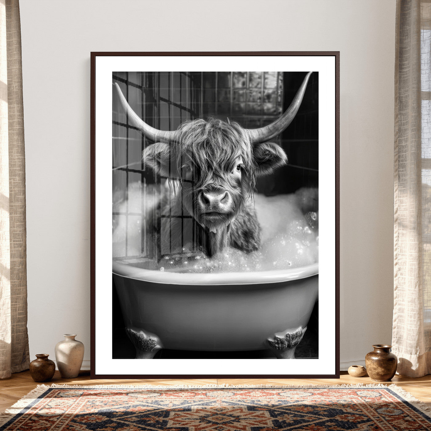 44020264-MGV-CV-24X36 - Highland Cow Bathtub Canvas Wall Art, Funny Bathroom Print Black White, Grumpy Cow Bubble Bath Decor, Animal Bathroom Art, Farmhouse Humor Print, Cute Cow Gift