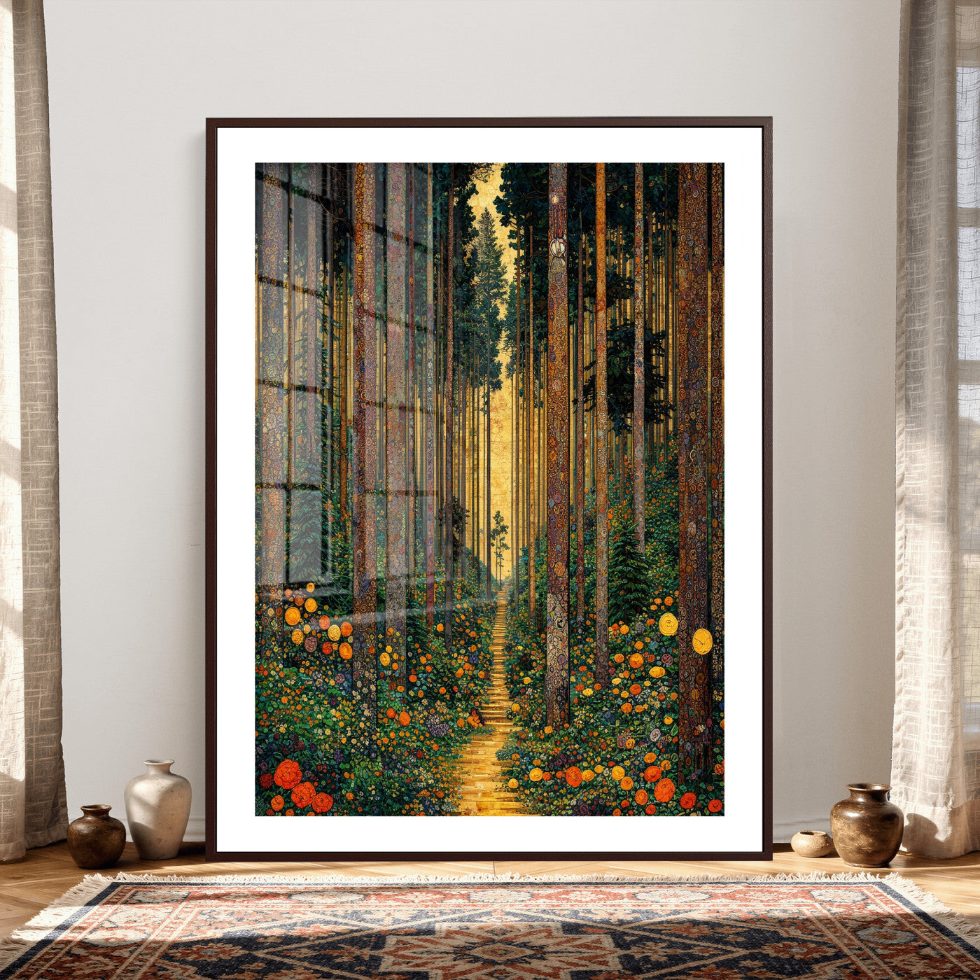 14391546-MGV-CV-24X36 - Gustav Klimt Style Forest Canvas Wall Art, Golden Forest Path Floral Art Nouveau Print, Enchanted Woodland Decor, Maximalist Colorful Nature Art