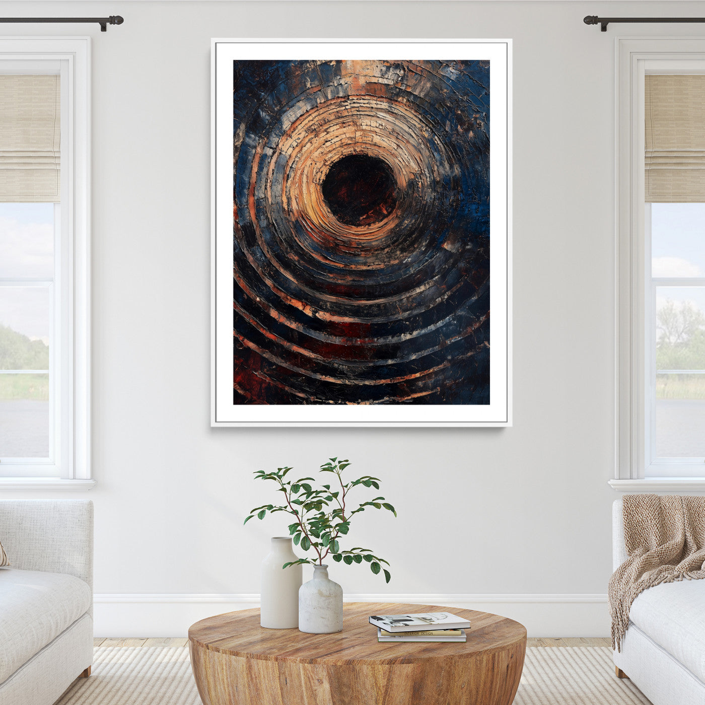 77401573-MGC-FP-36x24_White-Textured Spiral Wall Art Canvas Print, Framed Abstract Void Art Picture Print, Wooden Vortex Perfect Modern Industrial Decor
