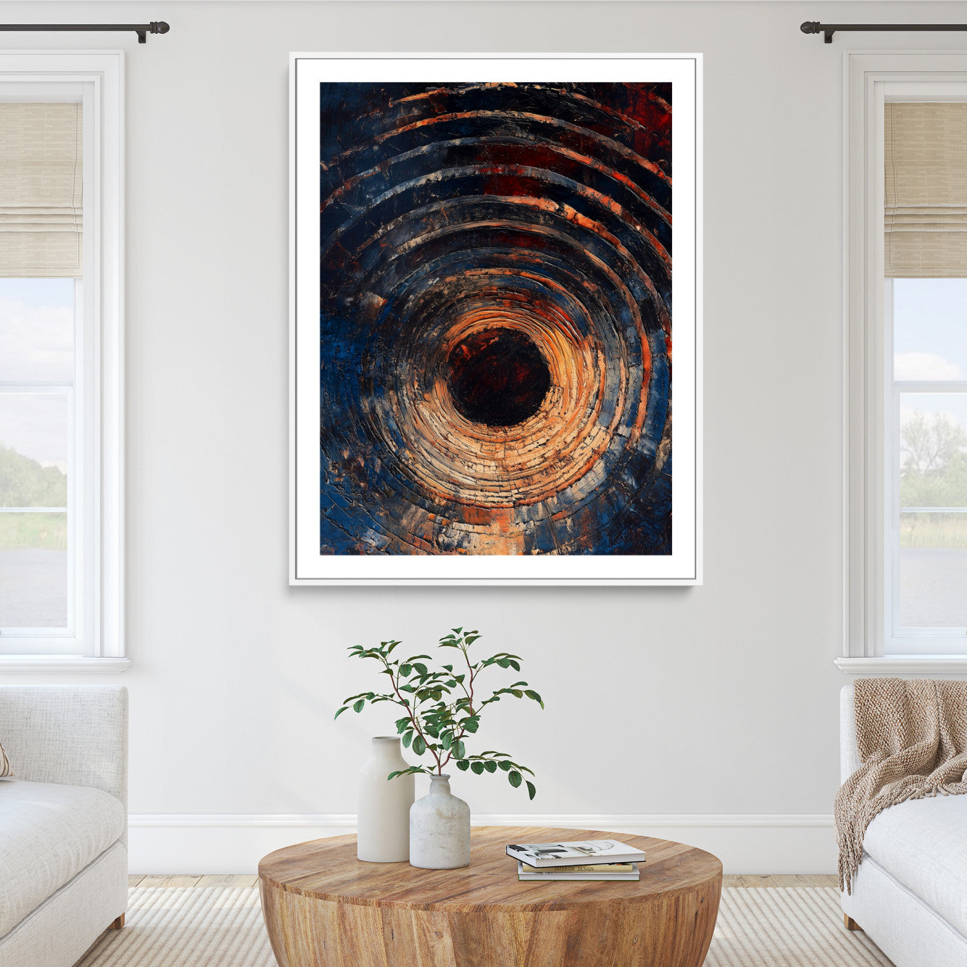95449028-MGC-FP-36x24_White-Textured Spiral Wall Art Canvas Print, Framed Abstract Void Art Picture Print, Wooden Vortex Perfect Modern Industrial Decor, Framed
