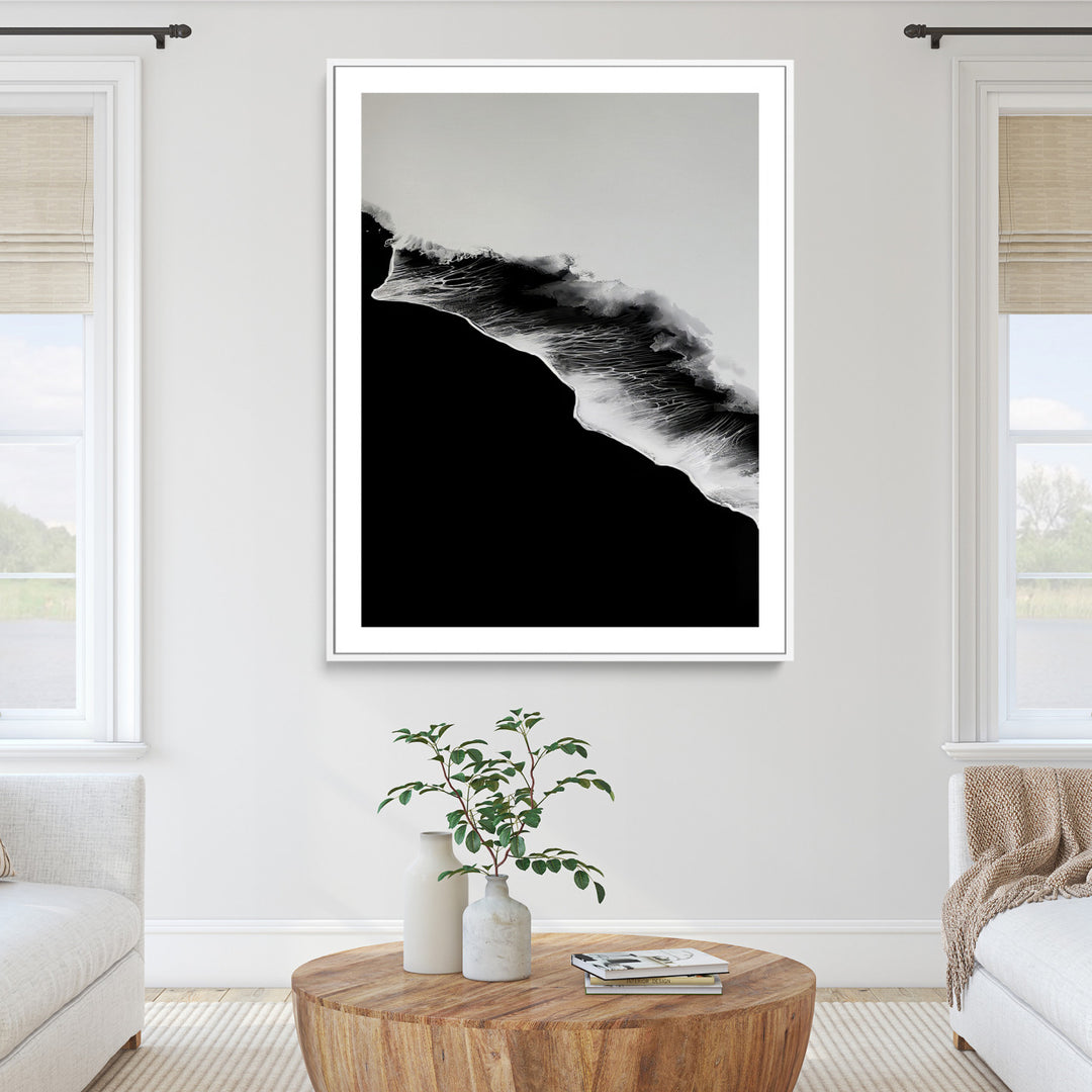 Ocean Wave Wall Art Canvas Print, Abstract Wave Print, Framed Monochrome Sea Art Print, Large Ink Wave Form Printing Perfect for Modern