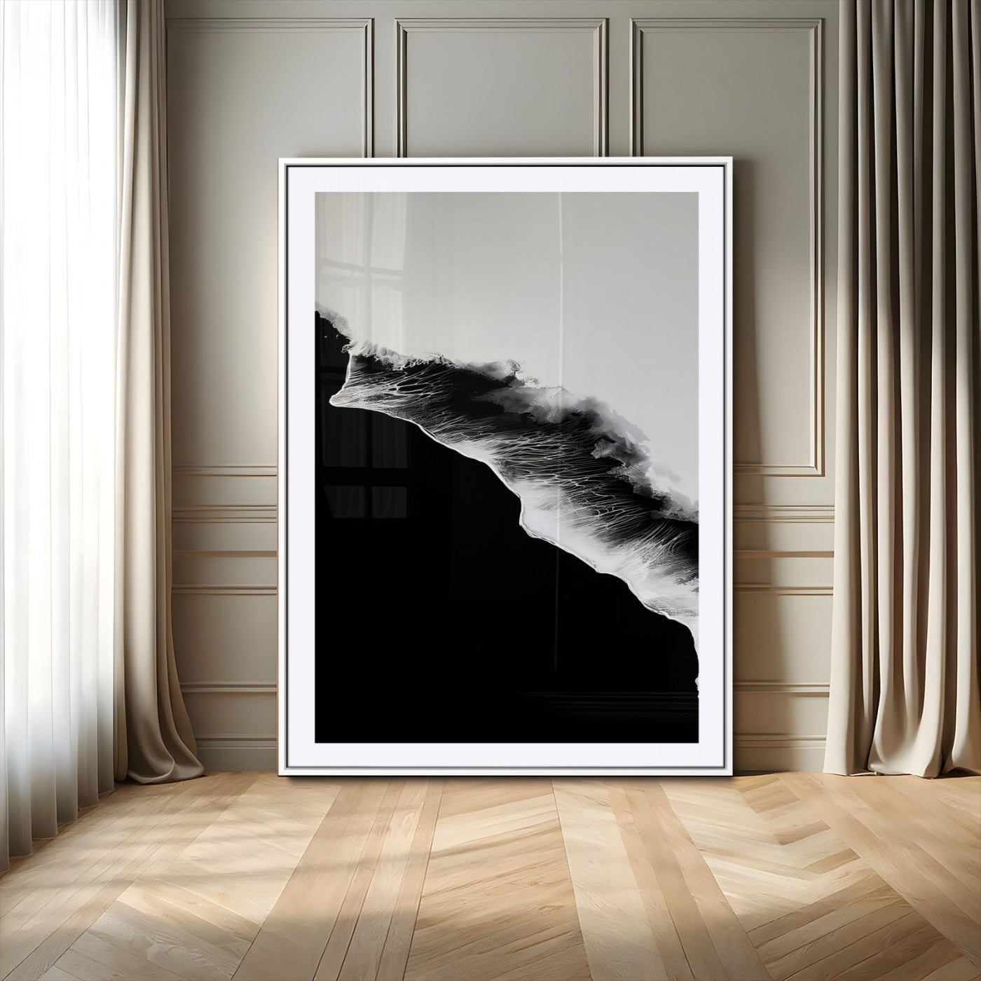 MGC-FP-24x36 - Ocean Wave Wall Art Canvas Print, Framed Abstract Wave Art Picture Print, Monochrome Sea Perfect Modern Minimal Decor Artwork