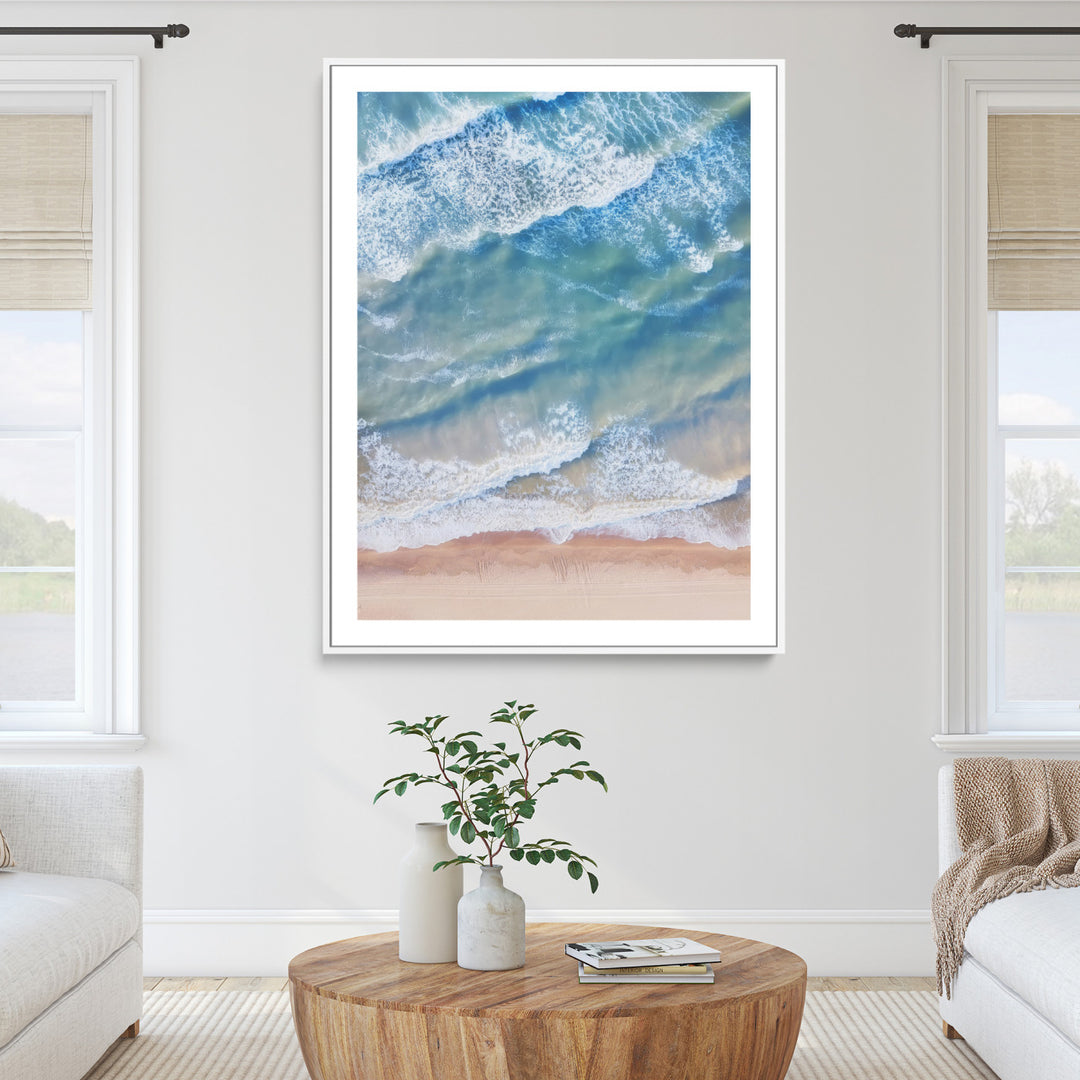 Aerial Ocean Wall Art Canvas Print, Soft Blue Waves Print, Framed Soft Blue Waves Canvas