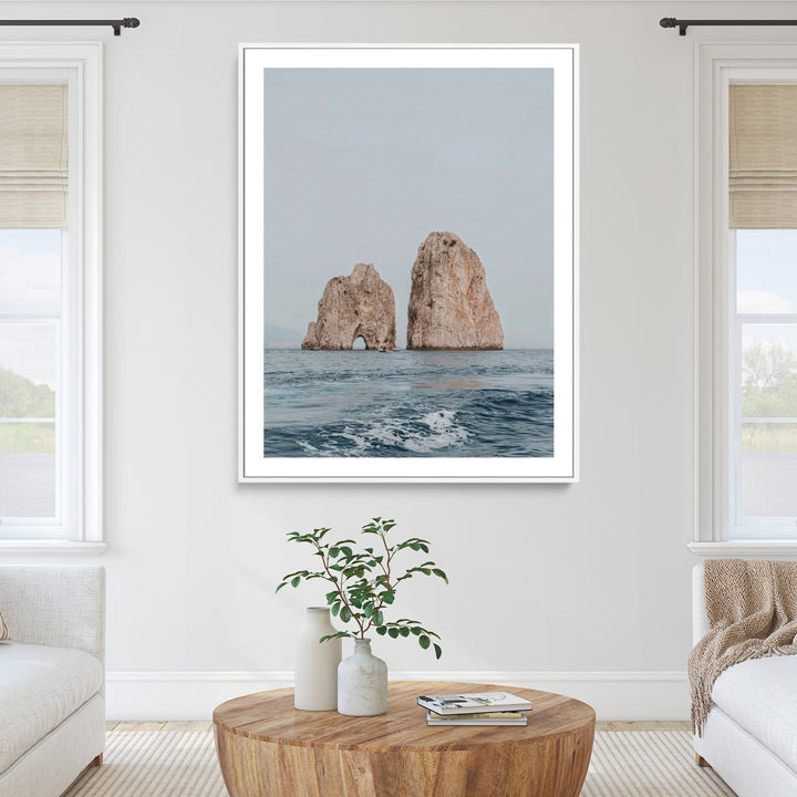Faraglioni Capri Wall Art Canvas Print, Serene Ocean Print, Framed Mediterranean Coastal Art Print, Large Rocky Ocean Printing