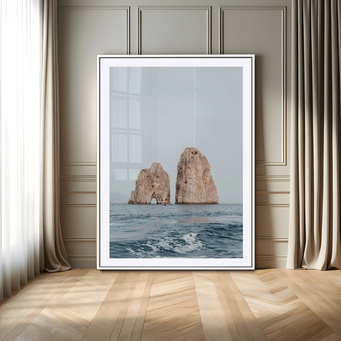 MGC-FP-24x36 - Faraglioni Capri Wall Art Canvas Print, Framed Serene Ocean Art Picture Print, Mediterranean Coastal View Perfect Mediterranean Minimalist Decor Artwork