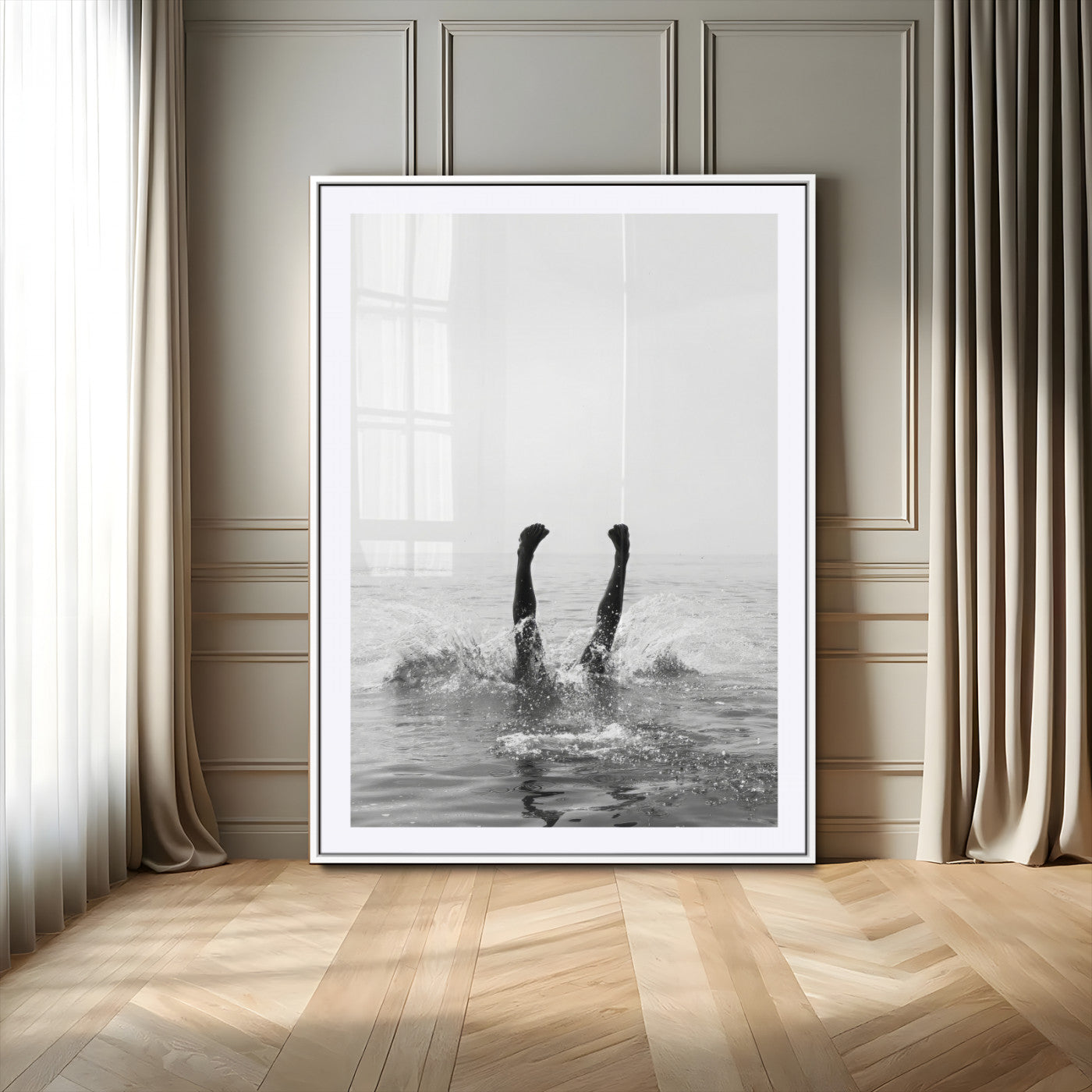 MGC-FP-24x36 - Minimal Ocean Wall Art Canvas Print, Framed Monochrome Diving Art Picture Print, Swimmer in Sea Perfect Minimalist Coastal Decor Artwork