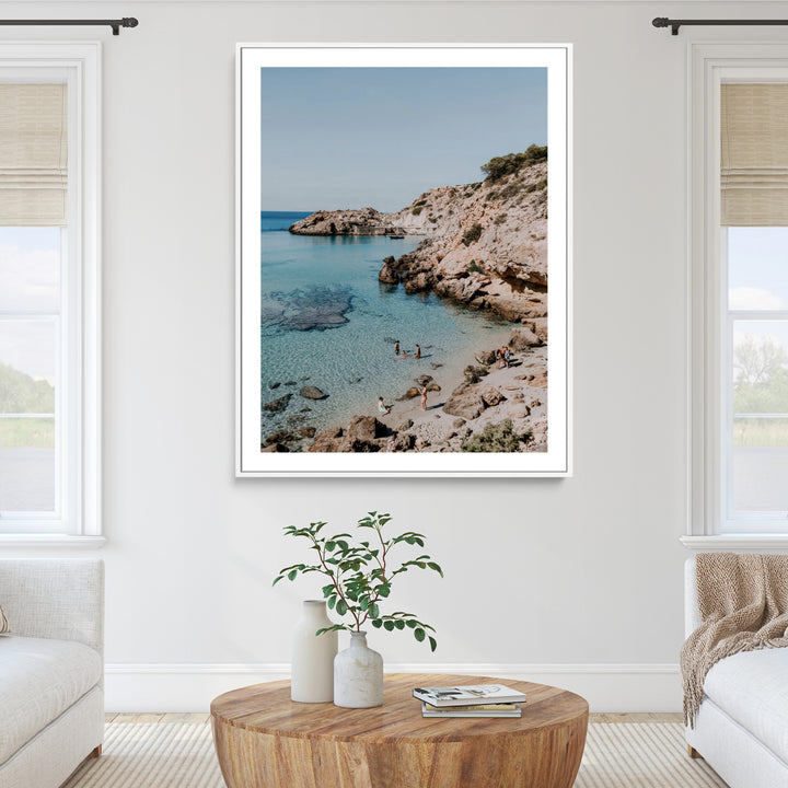 Turquoise Cove Wall Art Canvas Print, Ibiza Beach Print, Framed Mediterranean Shore Art Print, Large Clear Shoreline Printing Boho