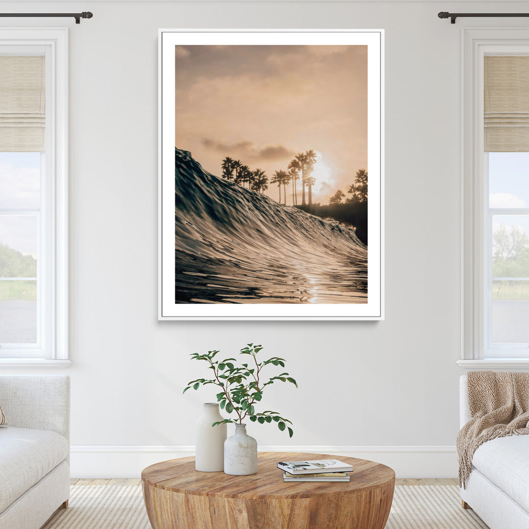 Golden Hour Ocean Wall Art Canvas Print, Tropical Beach Sunset Print, Framed Palm Tree Silhouettes Art Print, Large Warm Coastal