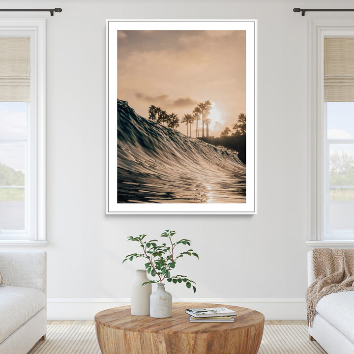 Golden Hour Ocean Wall Art Canvas Print, Tropical Beach Sunset Print, Framed Palm Tree Silhouettes Art Print, Large Warm Coastal