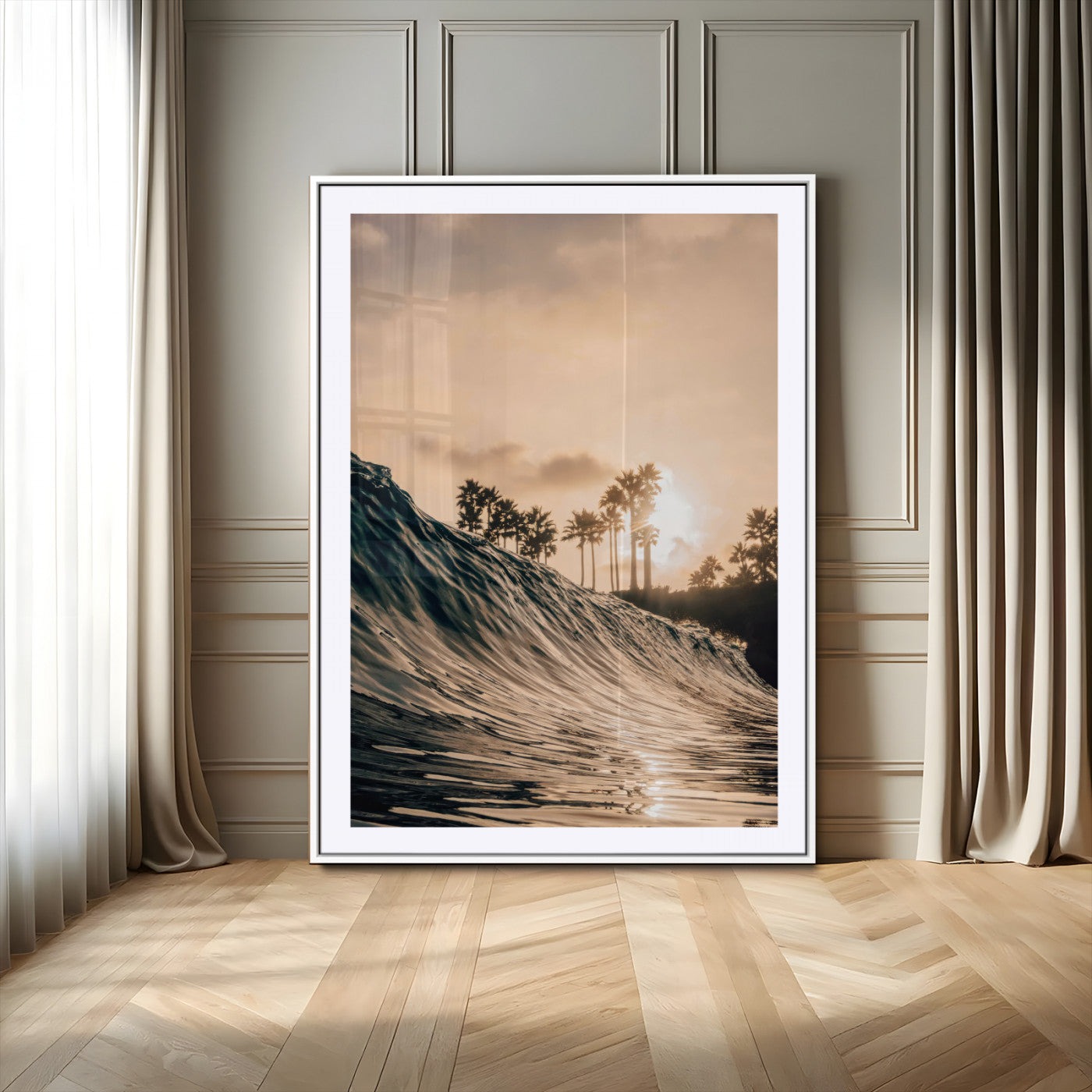 MGC-FP-24x36 - Golden Hour Ocean Wave Wall Art Canvas Print, Framed Tropical Beach Sunset Art Picture Print, Palm Tree Silhouettes Perfect Tropical Coastal Decor Artwork