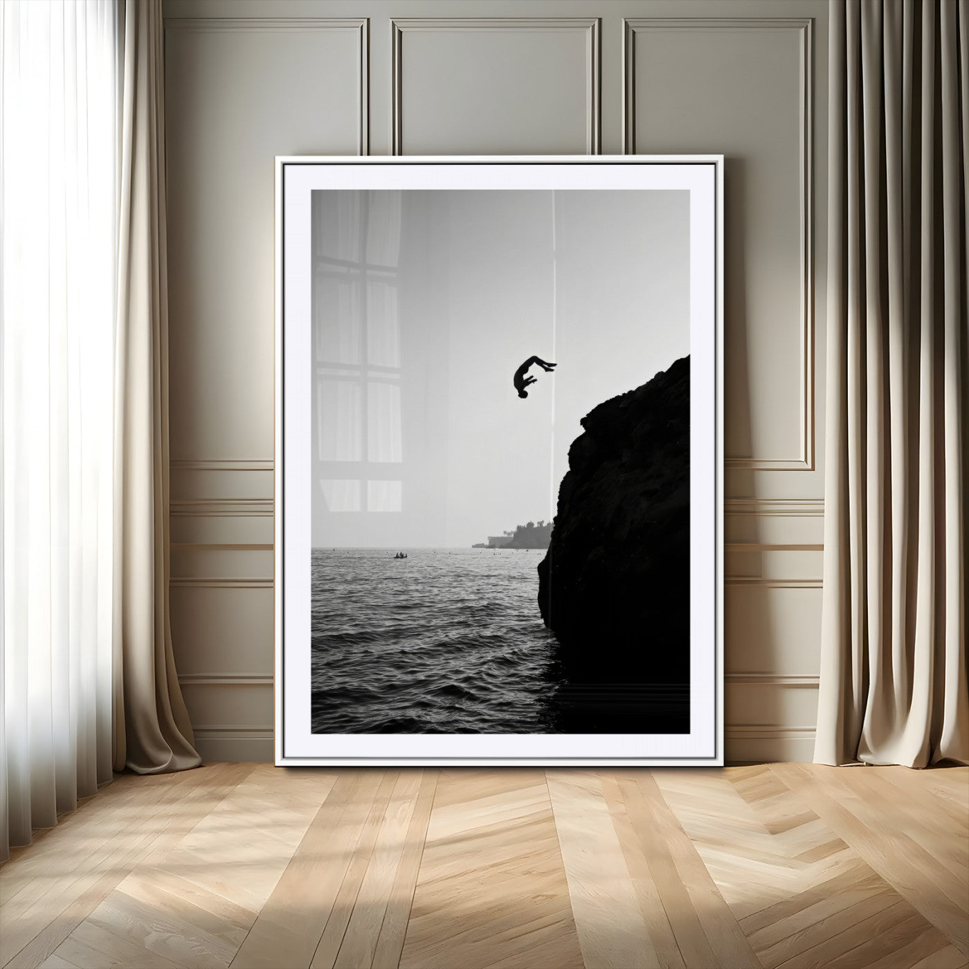 MGC-FP-24x36 - Cliff Jumping Silhouette Wall Art Canvas Print, Framed Black White Ocean Art Picture Print, Monochrome Cliff Dive Perfect Minimalist Adventure Decor Artwork