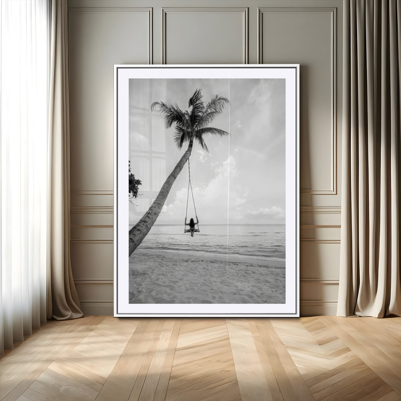 MGC-FP-24x36 - Black White Palm Tree Wall Art Canvas Print, Framed Minimalist Beach Swing Art Picture Print, Monochrome Coastal Perfect Minimalist Coastal Decor Artwork