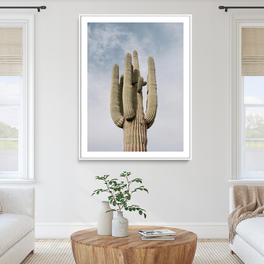 Saguaro Cactus Wall Art Canvas Print, Framed Earthy Desert Botanical Art