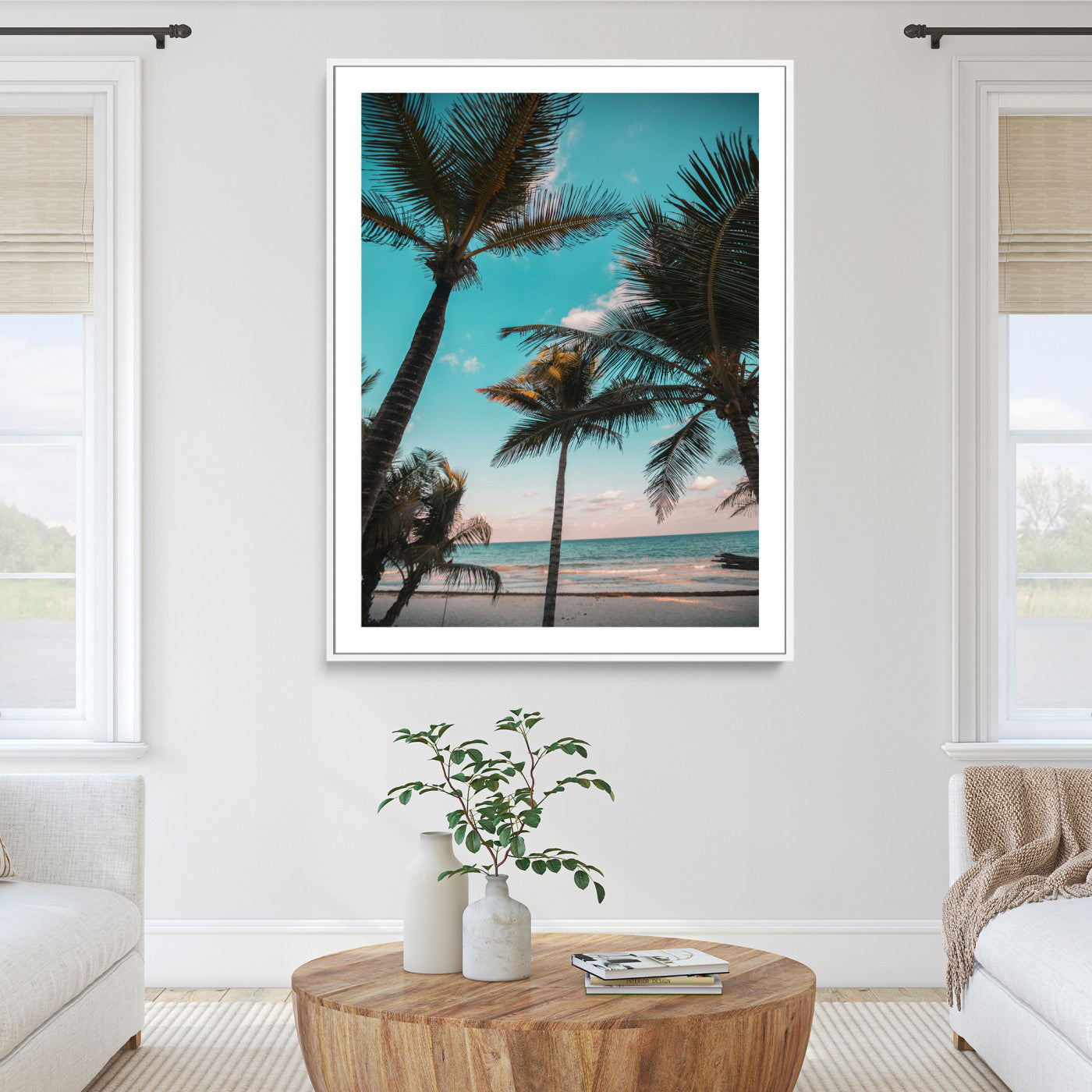 49451039-MGC-FP-24x36_White-Palm Trees Wall Art Canvas Print, Framed Tropical Beach Art Picture Print, Ocean Breeze Perfect Tropical Coastal Decor Artwork
