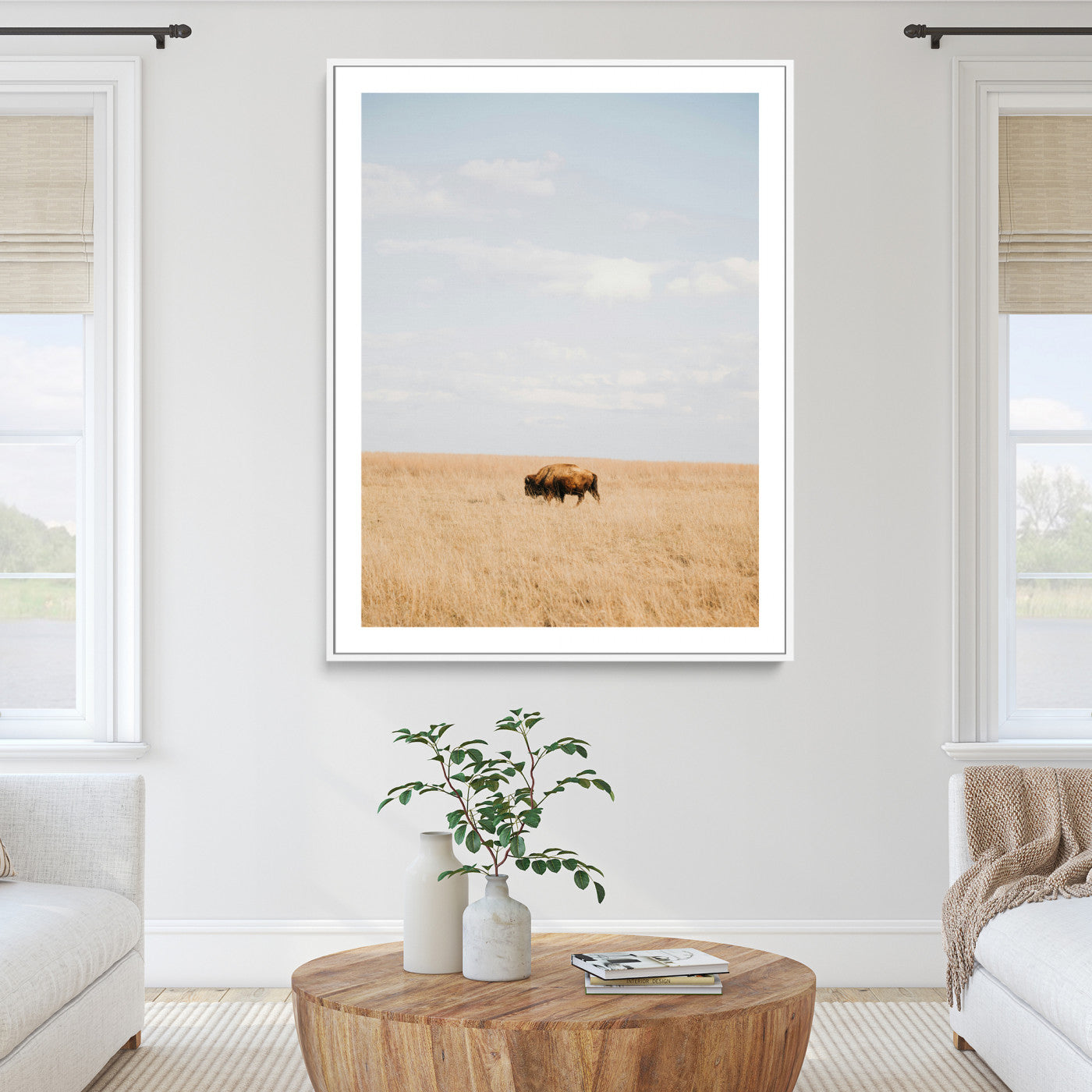 Minimalist Nature Wall Art Canvas Print, Framed Bison In Grassland Art Print, Open Field Perfect Modern Ranch Decor Decor Artwork