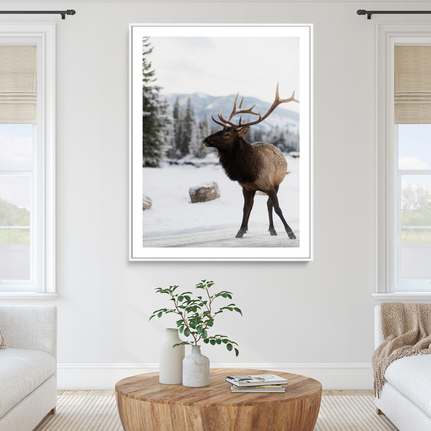78028549-MGC-FP-24x36_White-Elk Photography Wall Art Canvas Print, Framed Winter Wildlife Art Picture Print, Snowy Mountains Perfect Rustic Cabin Decor Decor Artwork