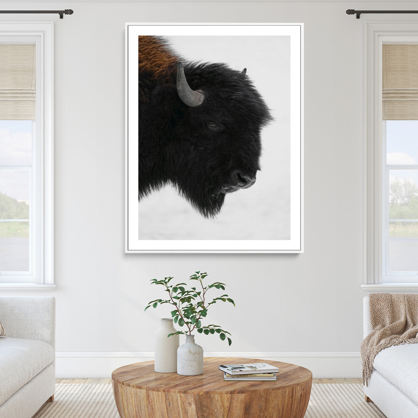 Western Rustic Wall Art Canvas Print, Framed Buffalo Photography Art Picture Print, Black and White Wildlife Perfect Modern Ranch Decor