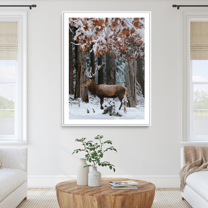 Serene Landscape Wall Art Canvas Print, Framed Winter Wonderland Art Picture Print, Winter Deer Canvas Perfect Rustic Cabin Decor Artwork