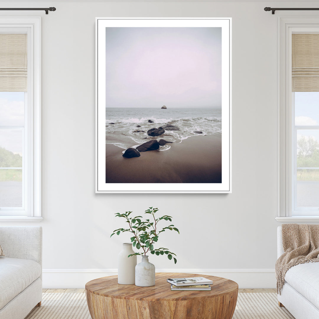 Moody Seascape Wall Art Canvas Print, Framed Neutral Beach Art Picture Print, Foggy Ocean Perfect Minimalist Decor Artwork