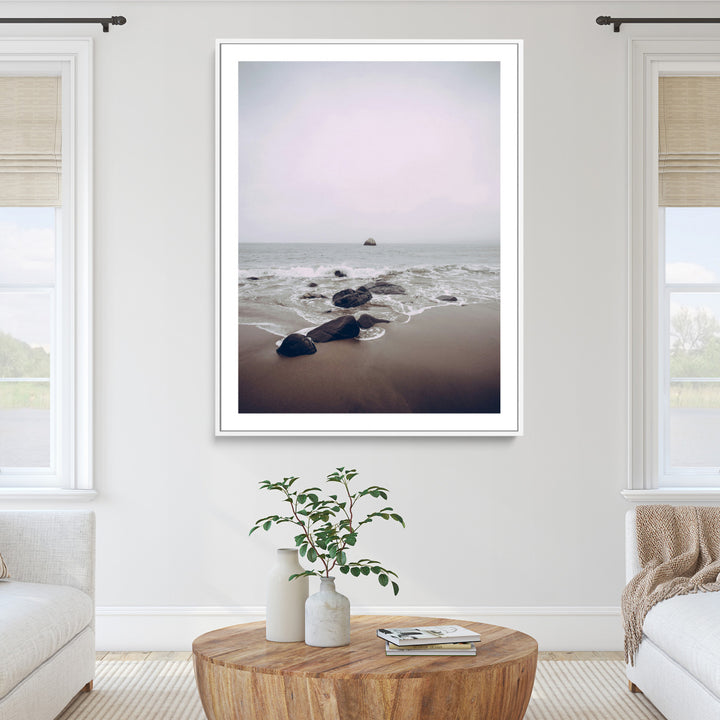 Moody Seascape Wall Art Canvas Print, Framed Neutral Beach Art Picture Print, Foggy Ocean Perfect Minimalist Decor Artwork