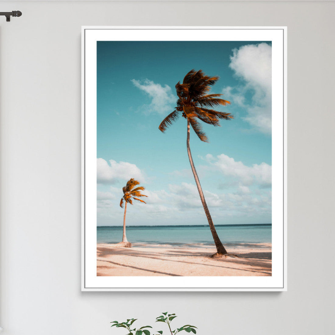 Tropical Beach Wall Art Canvas Print, Framed Coastal Palm Trees Serene Ocean View
