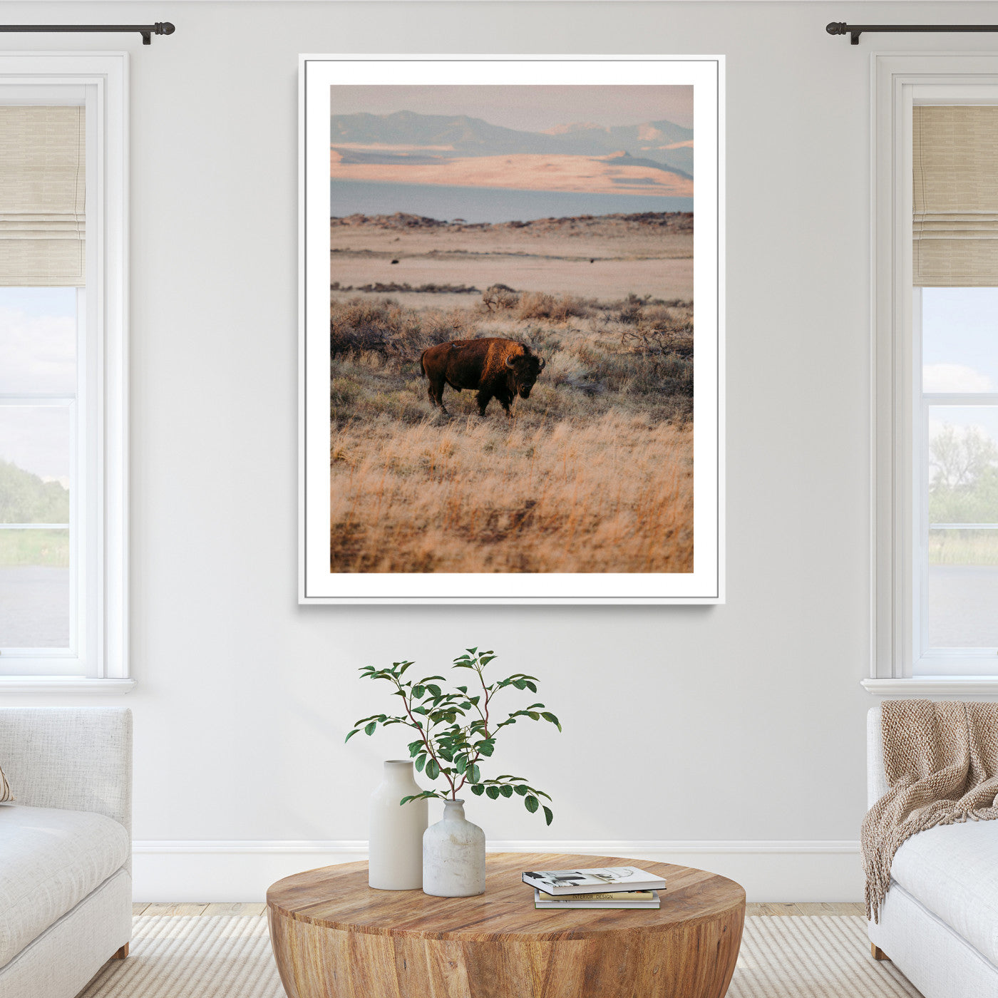 Solitary Buffalo Wall Art Canvas Print, Framed Golden Prairie Art Picture Print, Earthy Tones Perfect Rustic Western Decor Artwork
