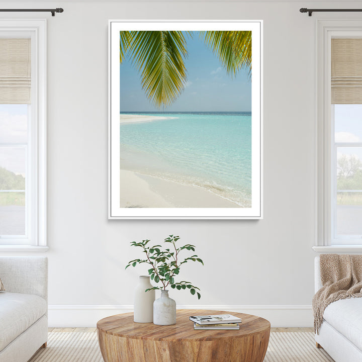 Azure Water Wall Art Canvas Print, Framed Tranquil Island Escape Art Picture Print, Clear Blue Ocean Wall Art Coastal Minimalist Decor