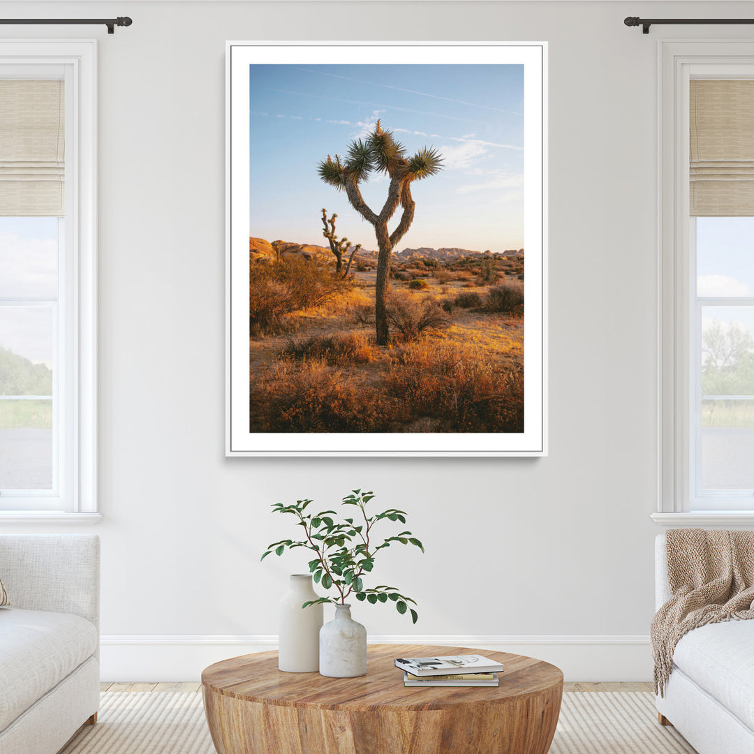 Joshua Tree Wall Art Canvas Print, Golden Hour Desert Print, Framed Sunset Glow Art Print, Large Arid Terrain Printing Perfect for Southwestern Boho Decor