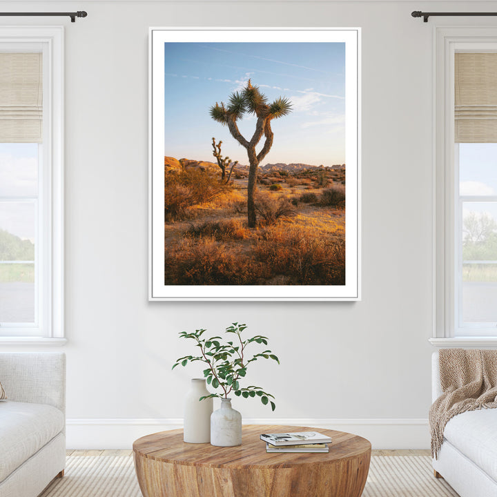 Joshua Tree Wall Art Canvas Print, Golden Hour Desert Print, Framed Sunset Glow Art Print, Large Arid Terrain Printing Perfect for Southwestern Boho Decor