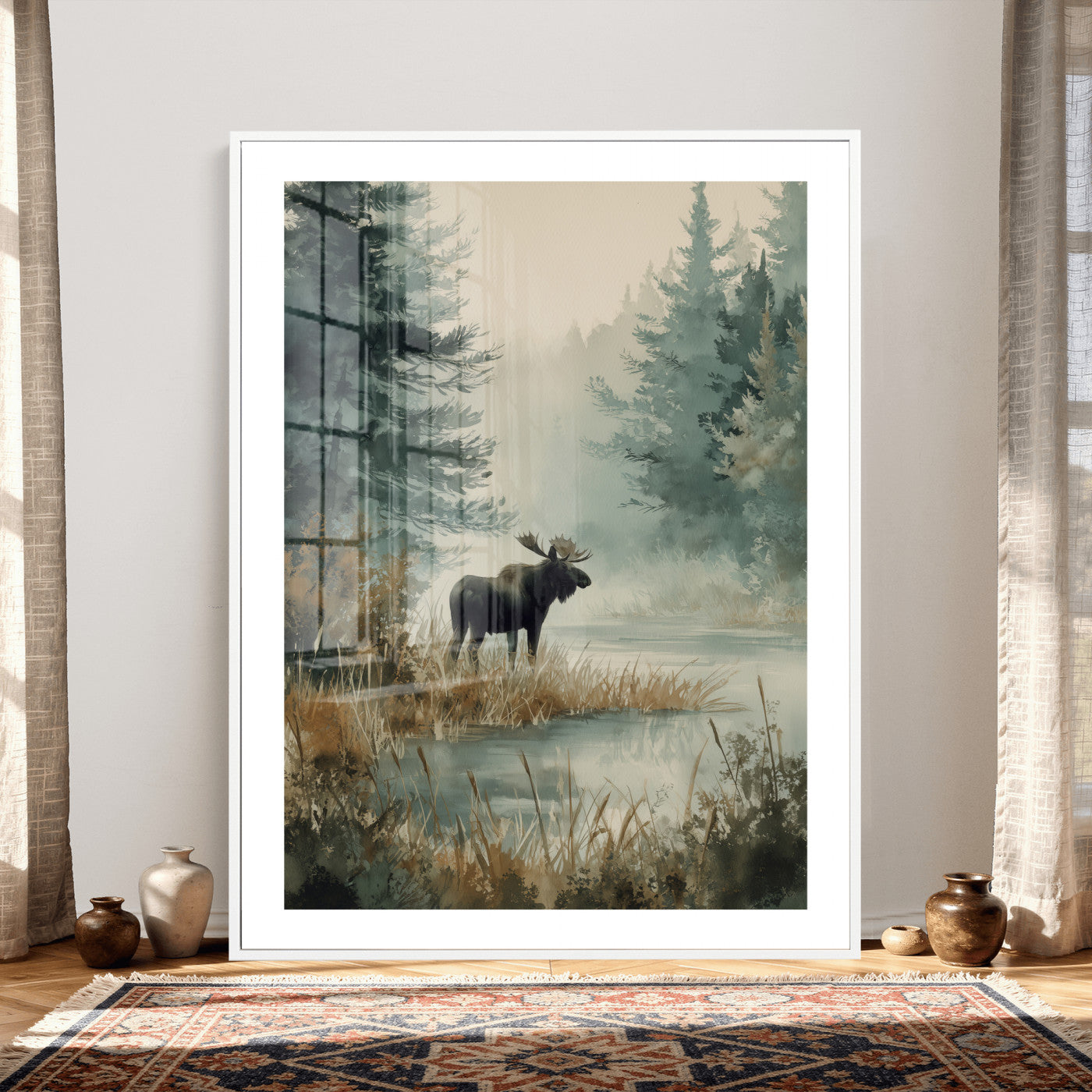 78345154-MGV-CV-24X36 - Watercolor Abstract Moose Forest Wall Art Canvas Print – Wildlife Nature Artwork Print for Living Room, Cabin, and Office Decor