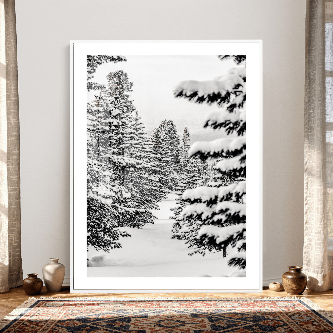 42534505-MGV-CV-24X36 - Snowy Pine Forest Wall Art Canvas Print, Minimal Winter Woodland Landscape, Black and White Nature Artwork