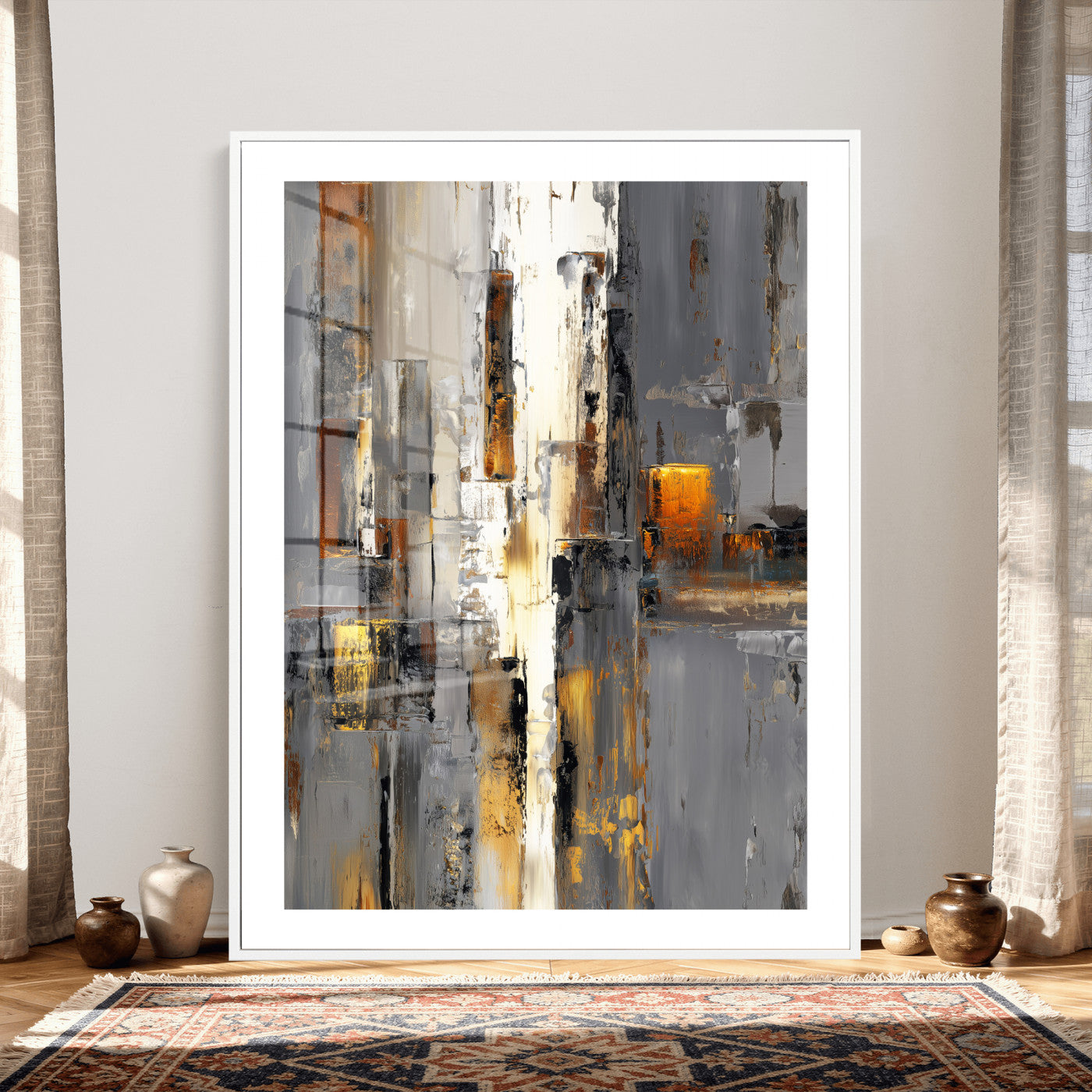 35992080-MGV-CV-24X36 - Abstract Urban Reflection Wall Art Canvas Print, Gold Black Modern Architecture Canvas Print, Contemporary Moody City Artwork for Living Room Decor