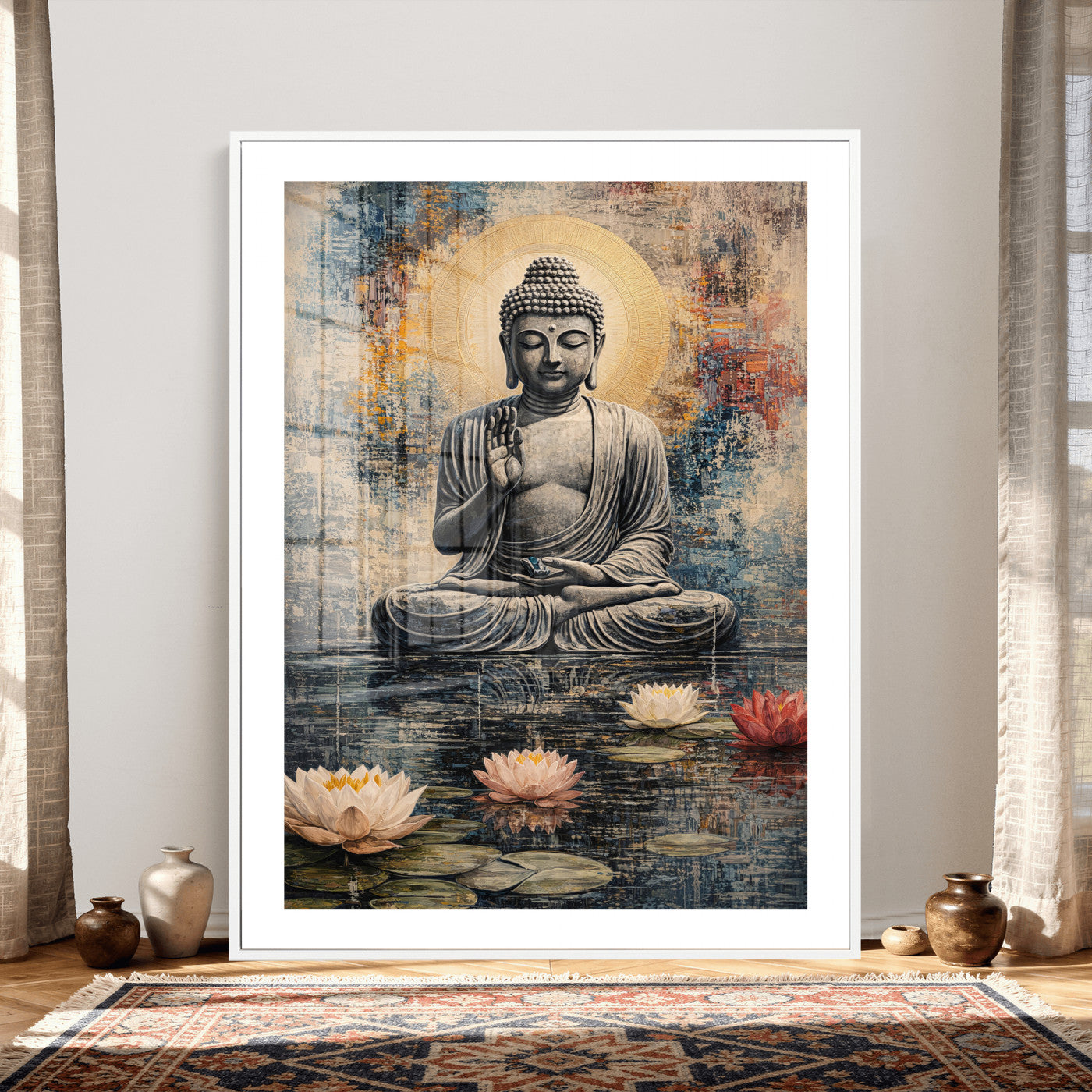 3812625445543-MGV-CV-24X36 - Serene Buddha with Lotus Flowers | Tranquil Meditation Art | Zen Wall Decor for Mindful Living Spaces | Spiritual Canvas Print