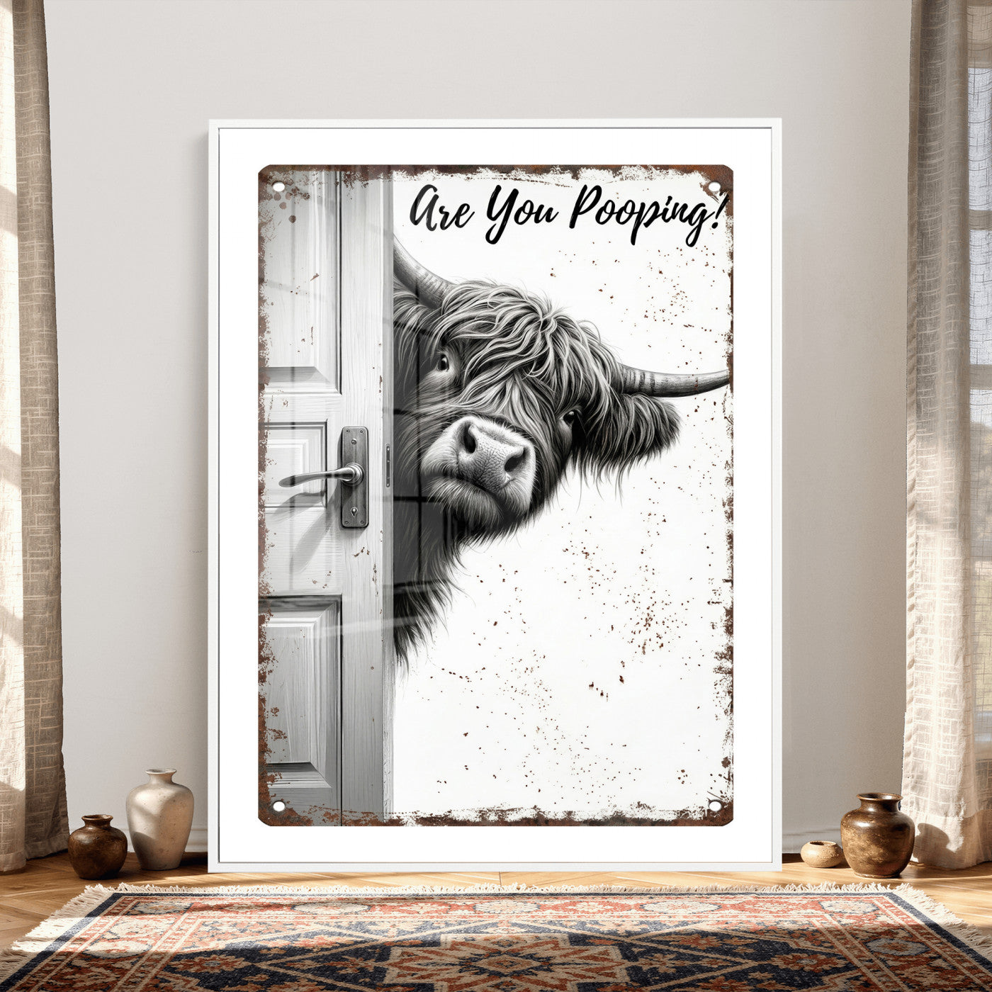 8151788G6-MGV-CV-24X36 - Funny Highland Cow Bathroom Wall Art Canvas Print, Are You Pooping Cow Sign, Rustic Farmhouse Bathroom Decor