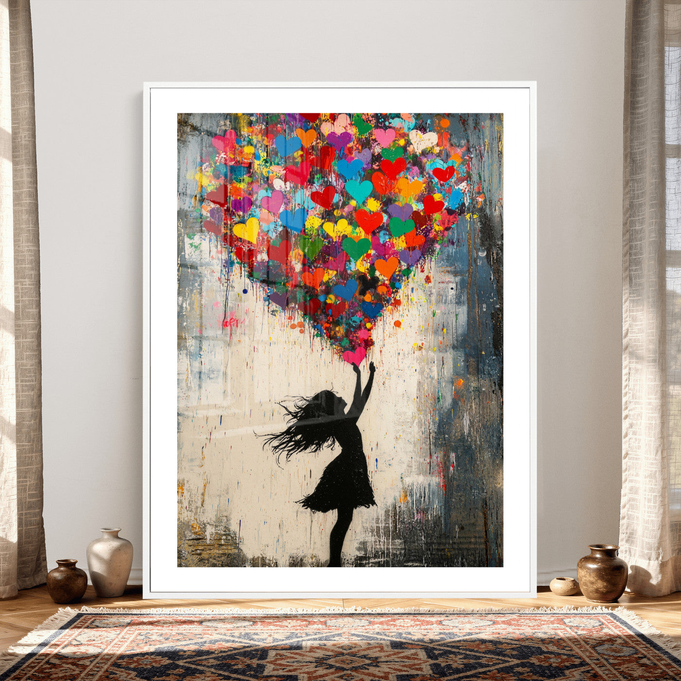 36253538-MGV-CV-24X36 - Banksy Street Art Canvas Wall Art, Girl Heart Balloons Banksy Style Print, Colorful Graffiti Love Decor, Urban Pop Art, Kids Room Inspirational Wall Art