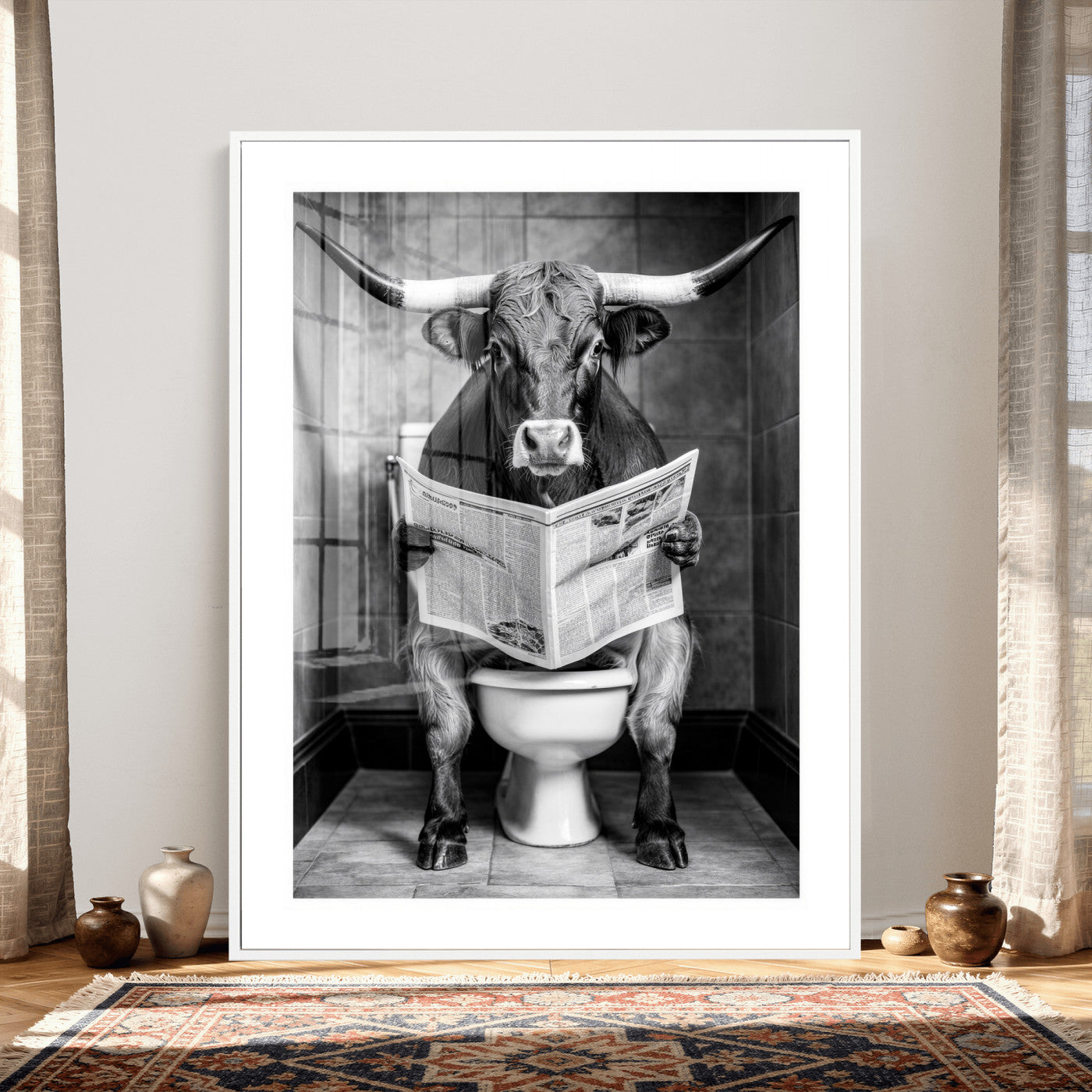 77994492-MGV-CV-24X36 - Texas Longhorn Cow Toilet Paper Canvas Wall Art, Funny Bathroom Black White Print, Cute Animal Humor Decor, Quirky Farmhouse Bathroom Art, Cow Lover Gift